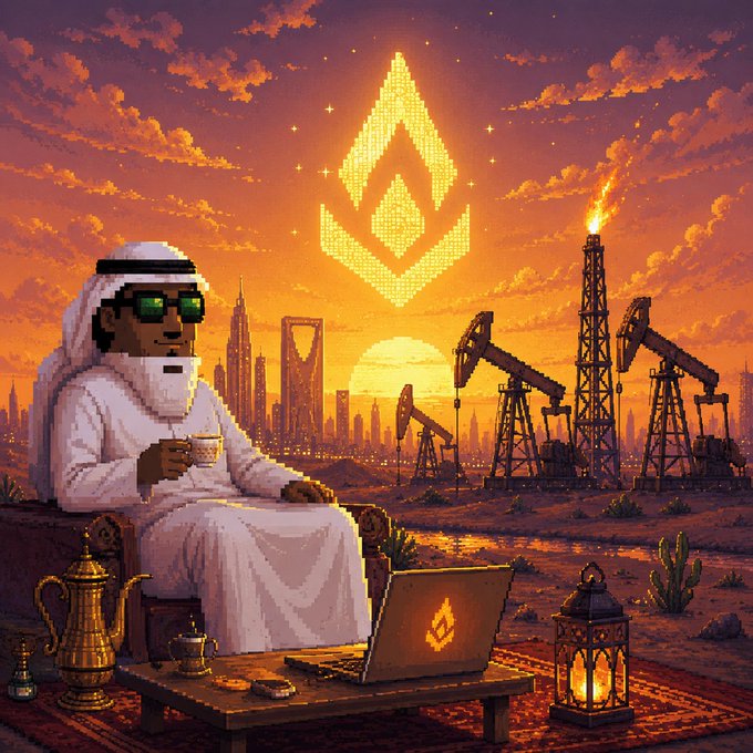 A pixel-art scene depicts a Saudi man in traditional attire sipping tea beside a laptop bearing a flame logo, set against a desert skyline featuring oil pumpjacks and the Riyadh skyline at sunset. The image visually echoes the post's theme of Saudi ambition blending oil heritage with digital innovation, tying into the @TheSaudisNFT community.