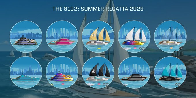 A promotional graphic for 'THE 8102: SUMMER REGATTA 2026' displaying ten circular icons of various colorful sailboats and yachts against a blue ocean backdrop.