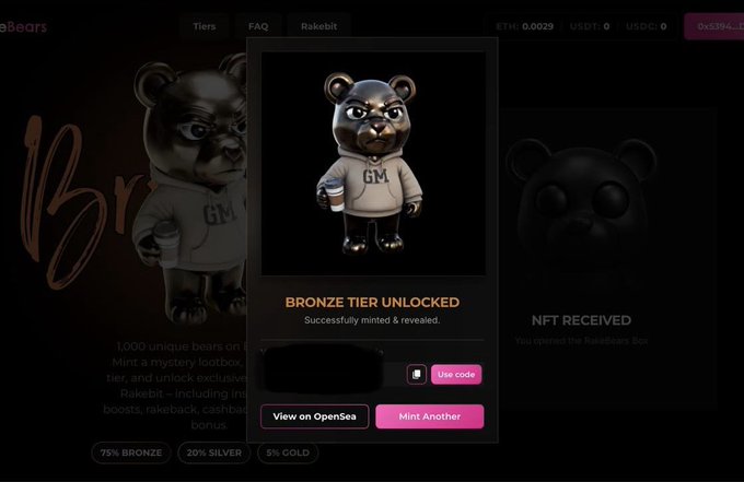 An NFT minting screen showing a 'BRONZE TIER UNLOCKED' RakeBears character in a hoodie holding a coffee cup, with 'View on OpenSea' and 'Mint Another' buttons.