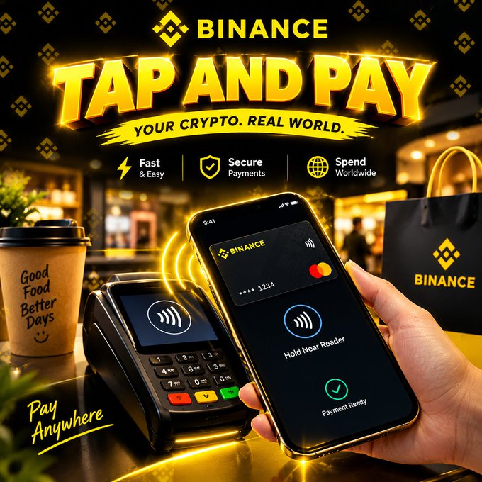 A promotional advertisement for 'BINANCE TAP AND PAY' featuring a smartphone displaying the app near a contactless payment terminal, with text reading 'YOUR CRYPTO. REAL WORLD.' and 'Pay Anywhere'.