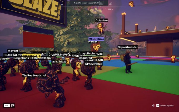 A screenshot of a virtual 3D event on the Blaze platform showing multiple lava-textured ape avatars with usernames like 'Oblackho', 'MtsareNiko', 'Depositmaster', 'BRACHIAL513', 'SergioGans', and 'TheRealHeadshot' in a colorful outdoor arena.