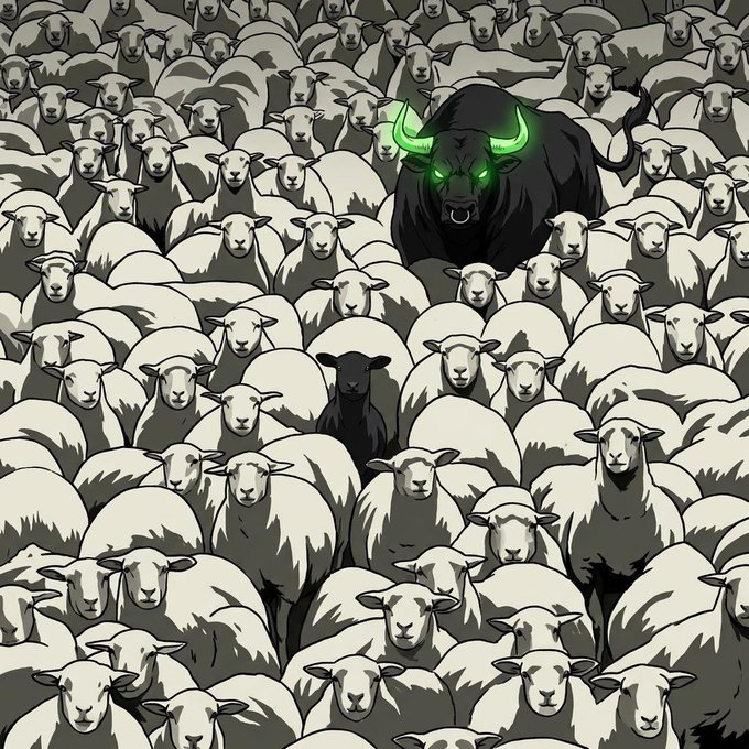A dark, glowing-eyed bull with green horns stands towering over a vast sea of identical white sheep, with a single black lamb barely visible among the flock. The image visualizes the post's message about outliers and winners—the radiant bull represents the one who breaks through the herd mentality, while the countless sheep embody the sideliners who blend into the crowd.