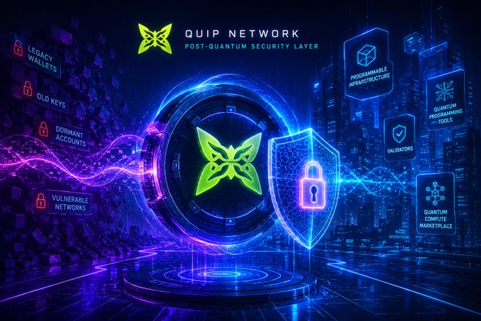 A futuristic digital graphic for 'QUIP NETWORK - POST-QUANTUM SECURITY LAYER' featuring a central shield and lock icon with surrounding nodes labeled 'Legacy Wallets', 'Old Keys', 'Dormant Accounts', 'Vulnerable Networks', 'Programmable Infrastructure', 'Quantum Programming Tools', 'Validators', and 'Quantum Compute Marketplace'.