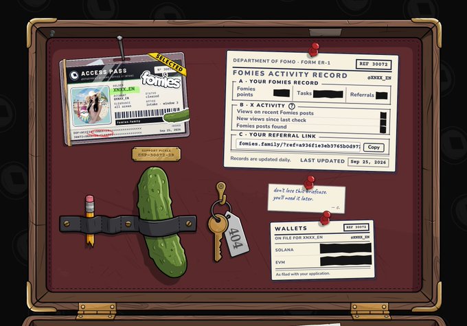 A digital illustration of a briefcase interior displaying an 'ACCESS PASS' card with 'xnxx_EN' username, a 'FOMIES ACTIVITY RECORD' document from the 'DEPARTMENT OF FOMO - FORM ER-1', a pickled cucumber, a key tagged '404', and a 'WALLETS' card showing Solana and EVM addresses.