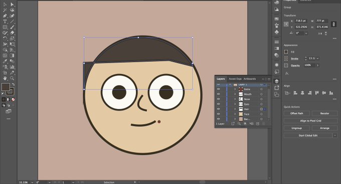 A digital illustration of a cartoon character's face is being edited in Adobe Illustrator, with the Layers panel visible on the right side.