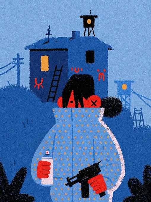 A stylized illustration shows a figure in a blue polka-dot hoodie holding a spray can and a gun, set against a dark blue house with red glyphs and a rooftop tower, evoking the eerie, mysterious atmosphere of the fictional Bufo Island.