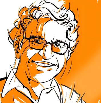 A black, white, and orange sketch-style portrait of a smiling person with glasses and short hair.