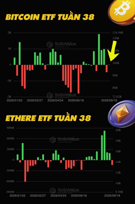 Two financial bar charts on a dark background from SoSoValue: 'BITCOIN ETF TUẦN 38' (top) showing net inflows/outflows and total assets around 100B-$124.56B, and 'ETHEREUM ETF TUẦN 38' (bottom) with assets ranging from 8.38B to 20B, both spanning dates from January to September 2026.
