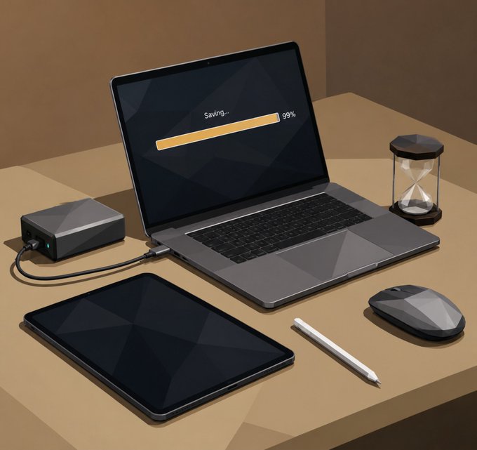 A 3D illustration of a desk setup featuring a laptop displaying "Saving... 99%", a tablet, a wireless mouse, an hourglass, an Apple Pencil, and a charging hub with cables.