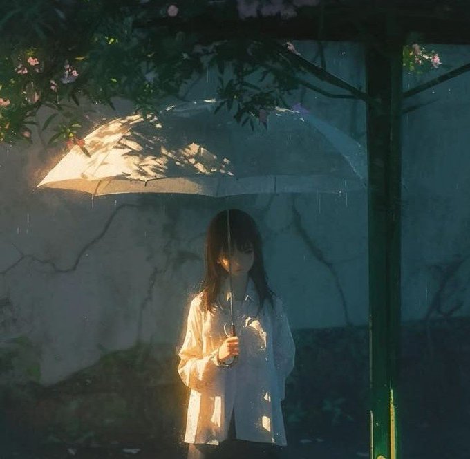 Anime-style illustration of a girl with dark hair holding a translucent umbrella in the rain, standing near foliage with a softly lit wall behind her.
