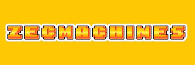 A bright yellow banner displays the pixelated, orange-gradient text "ZECMACHINES," which appears to be the logo or branding for the NFT collection being promoted in the giveaway post.