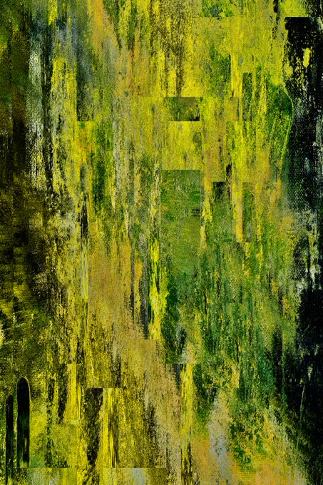 An abstract textured painting featuring vertical streaks and blocks of yellow, green, and dark hues.