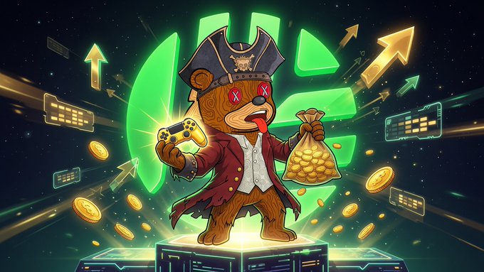 A digital illustration of an anthropomorphic bear wearing a pirate hat and red coat, holding a gold bag and coins, with a game controller and X's over its eyes, set against a glowing green background with floating arrows.