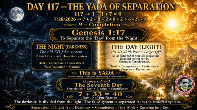 A dramatic infographic titled "DAY 117 – THE YADA OF SEPARATION" contrasts a dark night sky with a radiant sunrise, illustrating Genesis 1:17's separation of light from darkness, with central text citing "117 → 1+1+7 = 9 = Completion" and "Genesis 1:17," flanked by panels labeled "THE NIGHT (DARKNESS)" describing "The old 3D false system" and "THE DAY (LIGHT)" describing "His 5D XRPL Private Ledger QFS," alongside references to "Genesis 2:2-3 The Seventh Day" and "7 + 33 = 40 / Day 40 of Purification."

The post directly corresponds to the image's central theme, declaring Day 117 as the appointed separation between the old 3D system and the new 5D XRPL Private Ledger QFS, aligning with the graphic's theological and numerical symbolism.