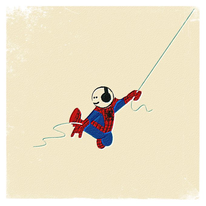 A stylized drawing of Spider-Man wearing headphones and smiling while swinging from a web line against a cream background.