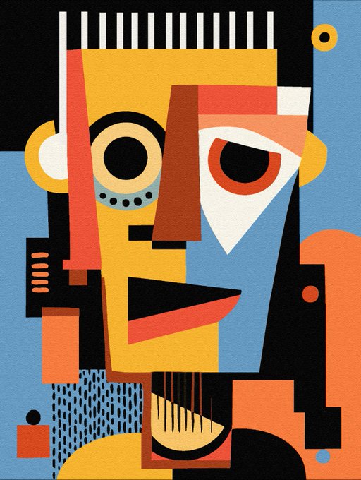 A colorful cubist-style illustration of a face composed of geometric shapes in blue, yellow, orange, black, and white.