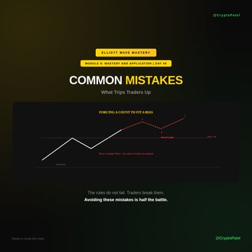 An Elliott Wave Mastery tutorial titled 'COMMON MISTAKES' about 'Forcing a count to fit a bias,' credited to @CryptoFaizi.