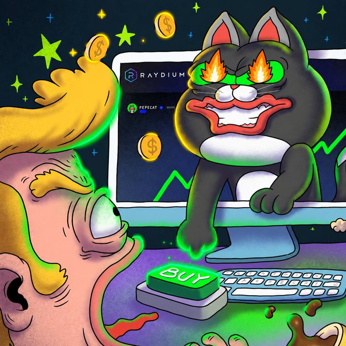 The image depicts a green Pepe frog with flame-filled eyes emerging from a Raydium computer screen marked "PEPECAT," tempting a shocked person to press a green "BUY" button surrounded by flying dollar coins, illustrating the narrative of PEPE's transition from Matt Furie's comic book character into a viral, FOMO-inducing memecoin.