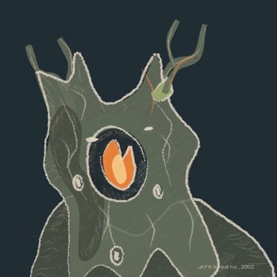 A stylized digital illustration of a green cat-like creature with a large orange flame inside a dark circular eye/marking on its forehead, featuring antler-like protrusions and the signature 'unfinished no. 2002'.