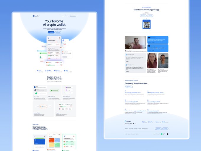 Two website mockups for 'Dopply,' an AI crypto wallet app, showing features like 'Explore crypto in a whole new way' and a download page with QR code.
