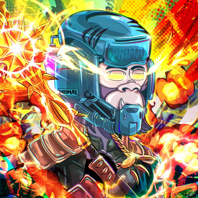 A vibrant, explosive digital artwork depicts a futuristic ape character wearing a helmet with 'PRIMAL' written on it, emitting glowing yellow light from its eyes amidst fiery orange and red abstract elements.