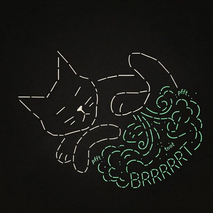 A minimalist line-art illustration on a black background showing a cat appearing to ride or blow through clouds, with the text 'pfft', 'toot', and 'BRRRRRT' in green.
