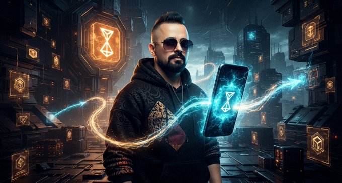 A man wearing sunglasses and an ornate black jacket stands in a futuristic cyberpunk cityscape, holding a glowing phone displaying an hourglass symbol while electric blue energy swirls around him.