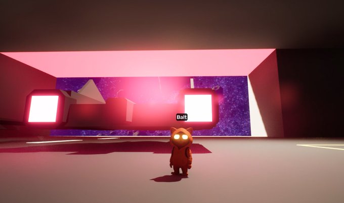 A screenshot from a video game showing a small character wearing a red robe with a glowing face, labeled 'Balt,' standing in a room with pink lighting and two bright screens.