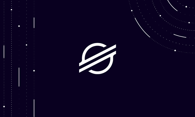 A stylized Stellar logo is centered on a deep navy background accented with minimalist white dotted lines and orbital curves, visually representing the Stellar blockchain network referenced in the post about its tokenized assets reaching a record $3.22 billion.