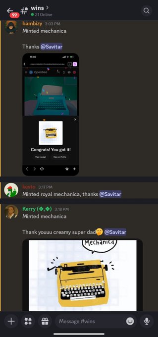 A Discord chat in channel #wins showing users thanking @Savitar for minting 'mechanica' and 'royal mechanica' NFTs, with messages of congratulations.