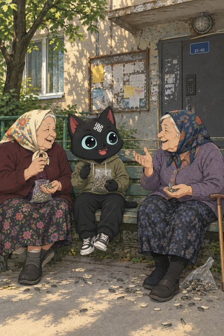An illustration depicts two elderly women in headscarves sitting on a bench outside an apartment building (numbered 21-40), sharing sunflower seeds with a black cat character wearing a green hoodie and a bandage on its forehead.