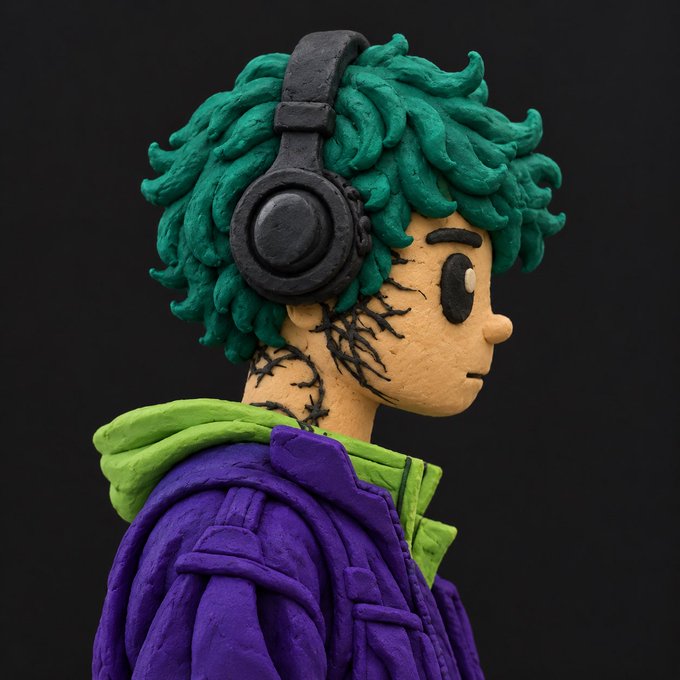 A close-up of a clay or plasticine sculpture featuring a character with spiky teal hair, black headphones, facial stitching details, and a purple hoodie over a green shirt.
