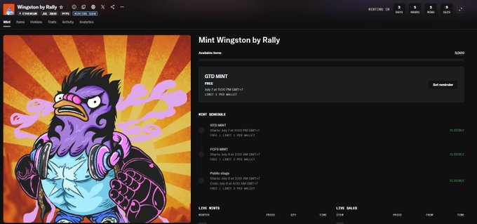 A 'Mint Wingston by Rally' NFT minting page on Magic Eden showing a free mint for 0 SOL, with schedule options and live points.