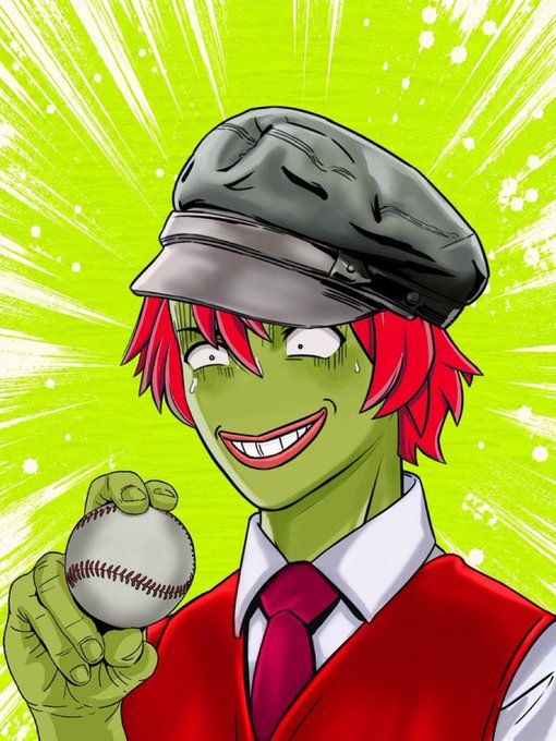 An anime-style illustration of a green-skinned character with pink hair wearing a cap, holding a baseball with a manic grin against a bright green background.