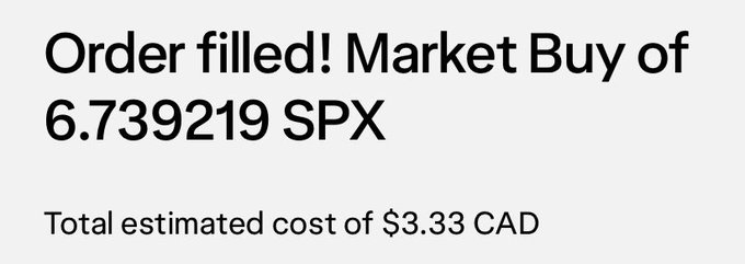 A mobile order confirmation screen showing a filled Market Buy of 6.739219 shares of SPX, totaling an estimated cost of $3.33 CAD, corresponding to the poster's "$3.33 DCA into SPX6900" daily dollar-cost averaging entry from Day 119.