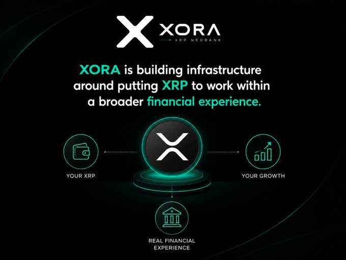 A promotional graphic for XORA (XRP NEOBANK) stating 'XORA is building infrastructure around putting XRP to work within a broader financial experience,' showing your XRP, real financial experience, and your growth.