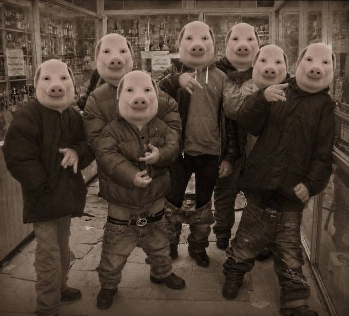 A sepia-toned photograph features a group of people wearing oversized, smiling pig masks, posing together inside what appears to be a convenience store.