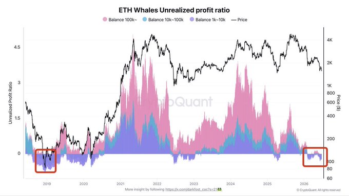 A chart titled "ETH Whales Unrealized profit ratio" from CryptoQuant displays stacked area data for ETH whale addresses in three balance tiers (1k–10k, 10k–100k, and 100k+), with the black line showing ETH price ranging from $60 to $4K+ and the unrealized profit ratio axis on the left. Two red boxes highlight the only periods—late 2018/early 2019 and early 2026—when all three whale cohorts simultaneously dipped into negative unrealized profit territory, corresponding to the post's observation that this rare alignment is happening for the first time in roughly seven years.
