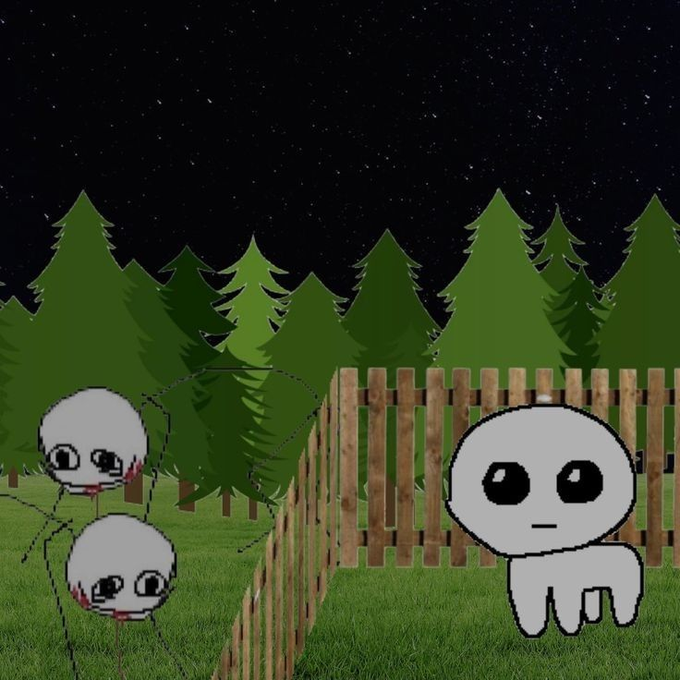 A dark surreal scene showing a white round character behind a wooden fence on grass, while two unsettling spider-like creatures with face-like bodies approach from the left, set against a forest and starry night sky.
