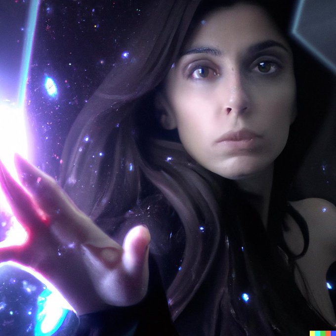A dark-haired woman gazes directly at the viewer while holding a glowing orb that releases a stream of cosmic light and sparkles from her four-fingered hand. The surreal, AI-generated artwork reflects the "Space Queen" collection's fusion of fantasy and futuristic themes, with the cosmic light symbolizing the pioneering, otherworldly nature of the piece.
