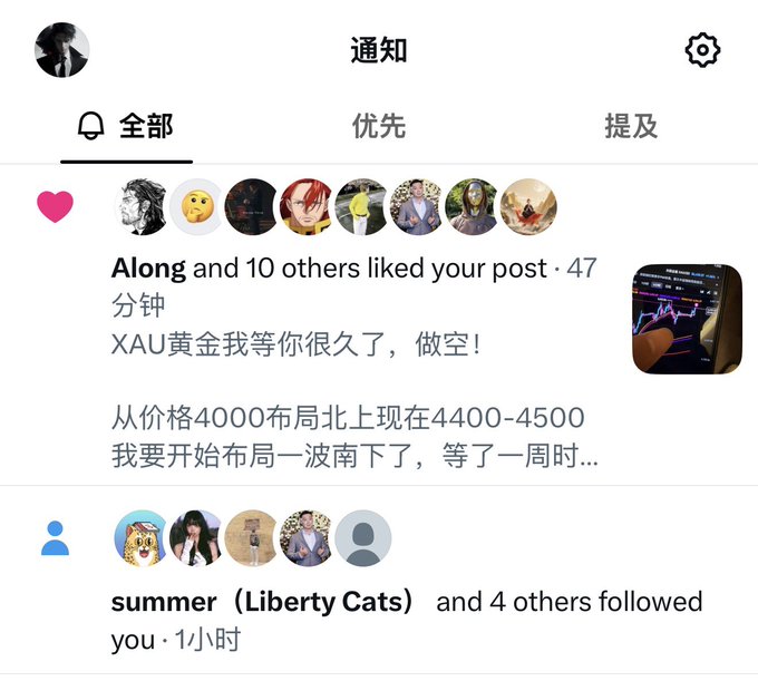 This image shows an Instagram notifications screen in Chinese, displaying an activity feed where "Along and 10 others liked your post" about XAU gold trading strategy (planning to short gold between 4400-4500 after buying at 4000), followed by "summer (Liberty Cats) and 4 others followed you" 1 hour ago. The caption "感谢 @xiejiayinBitget 领导的关注" (Thank you for the leader's attention from @xiejiayinBitget) likely refers to thanking a notable crypto/finance figure for liking or engaging with the gold trading post shown in the notifications.