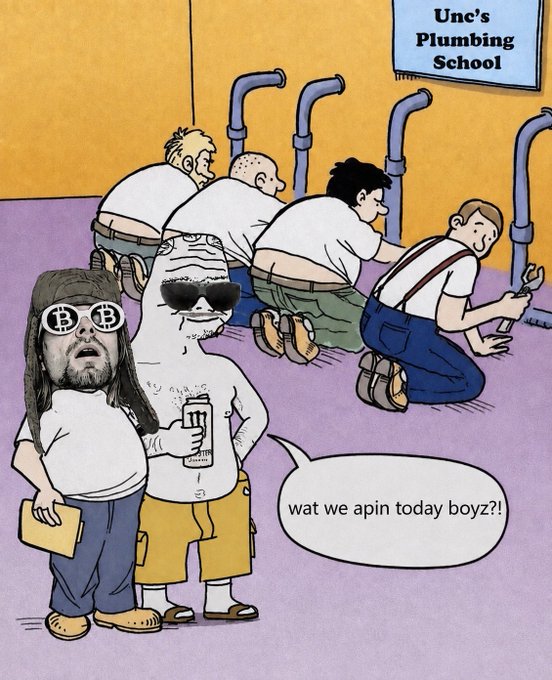 A group of bald, overweight men kneel facing pipes on a wall under a sign reading "Unc's Plumbing School," while in the foreground two figures—one wearing Bitcoin sunglasses and the other holding a "Schwifty" beer—ask "wat we apin today boyz?!" referencing the "$unc" memecoin.