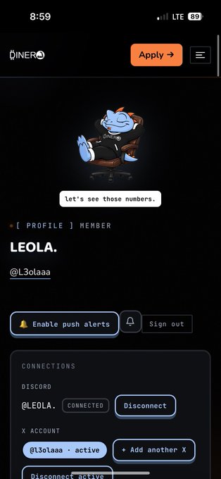A mobile screenshot of a "QINERA" app profile page for a member named "LEOLA." with the username "@_L3olaaa_, featuring a cartoon mascot and Discord and X account connection options.