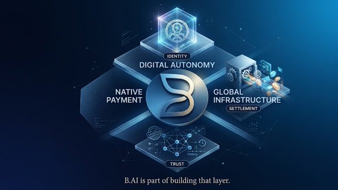 The image displays a futuristic 3D infographic centered on the Dash cryptocurrency logo, surrounded by layered architectural elements labeled "IDENTITY," "DIGITAL AUTONOMY," "GLOBAL INFRASTRUCTURE," "SETTLEMENT," "TRUST," and "NATIVE PAYMENT," with the caption "B.AI is part of building that layer."

This visual represents B.AI's infrastructure for autonomous machine transactions, illustrating how Dash is positioned as the integrated payment and settlement layer within a system designed for AI agents to transact independently using verifiable identity and trust.