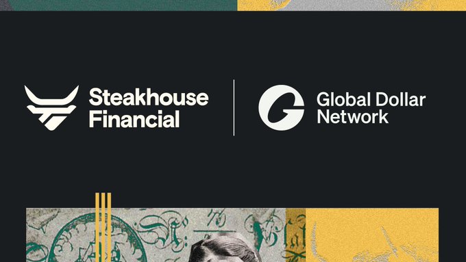The image features two logos side by side against a black background. The first logo is for Steakhouse Financial, while the second logo is for Global Dollar Network. Both logos are white with a stylized "G" in the center. The text on the image reads "Steakhouse has joined @Global Dollar Network. We're working with the GDN team, supporting USDG across Steakhouse-curated onchain credit markets."