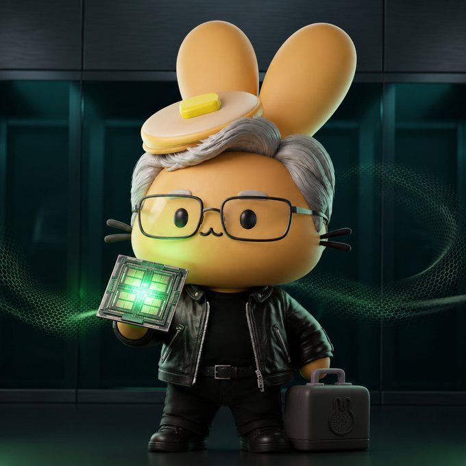 A cartoon bunny character with gray hair, glasses, and a black leather jacket holds a glowing green computer chip in one hand and a black case with the PancakeSwap logo in the other. The character's single leather jacket and tech-themed accessories tie into the "Mystery Stock #1" hint, suggesting a clue or persona related to the PancakeSwap Stocks platform.