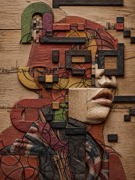 A colorful wooden mosaic portrait of a woman's profile made from inlaid geometric shapes against a wood grain background.