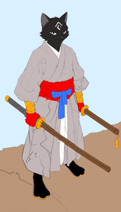 An illustration of an anthropomorphic black cat wearing a gray traditional Japanese robe with a red and blue sash, holding two wooden swords (bokken), standing on rocky ground.
