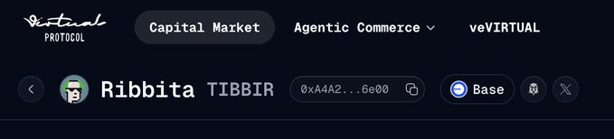 A screenshot of the Virtual Protocol interface showing a token called "Ribbita TIBBIR" with contract address 0xA4A2...6e00 on the Base network.