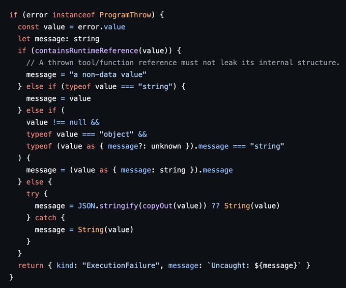 The image shows TypeScript code that converts a `ProgramThrow` error into an `ExecutionFailure` object, extracting a message string while avoiding leaking internal runtime references of tool/function values. The post references EffectTS, relating to how the code handles thrown values through runtime checks and safe serialization—a common concern in effect/async systems where errors containing tool references need to be safely propagated without exposing internal structures.